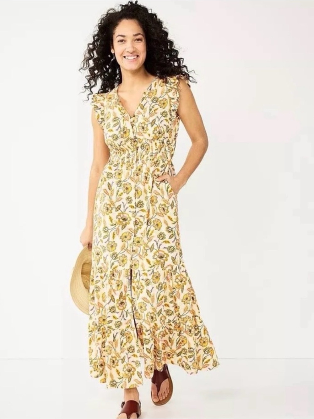 Sonoma Floral Maxi Dress Ruffle Smocked Tiered Button Front Large